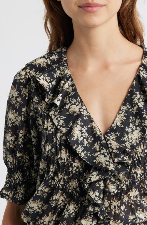Doen Henri Ruffled Pintucked Floral-print Organic Cotton-voile Top In Black