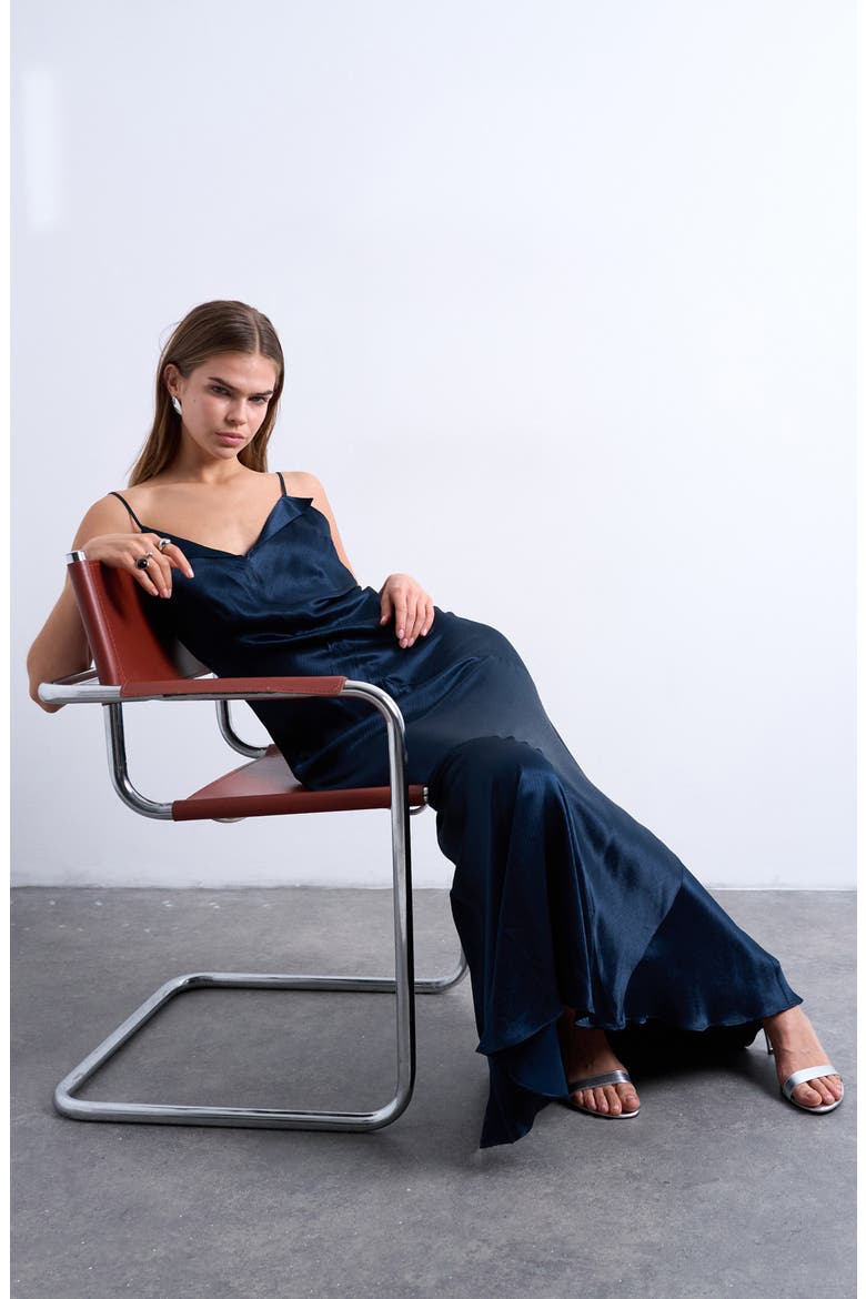 Folded Neck Satin Slip Maxi Dress, Alternate, color, NAVY