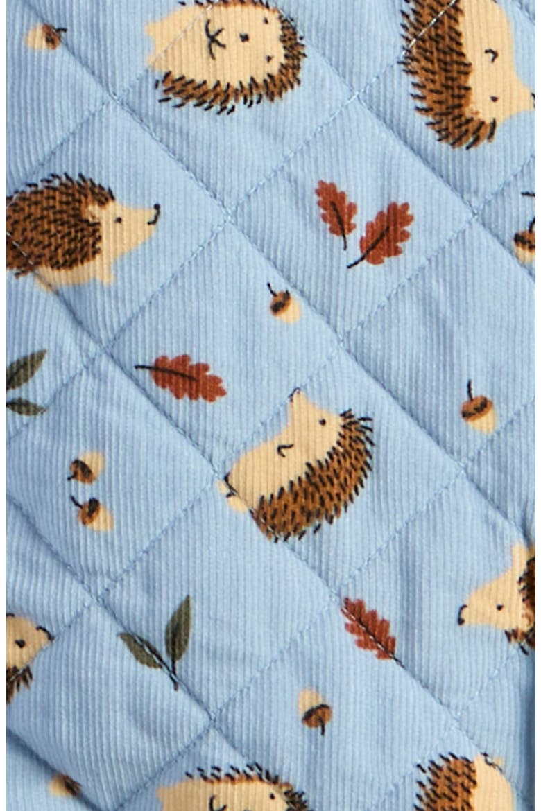 Ear Appliqué Quilted Faux Fur Lined Hooded Bunting, Alternate, color, BLUE FOG AUTUMN HEDGEHOGS