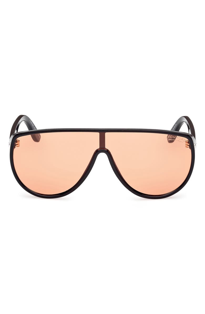 TOM FORD Achilles 138mm Shield Sunglasses, Main, color, Black / T Logo / Terracotta