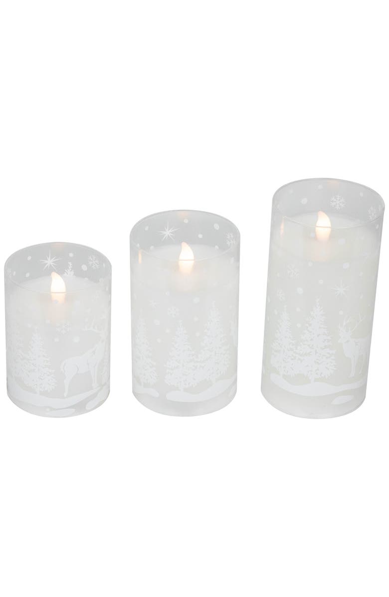 Northlight LED Flameless Flickering Snowy Woodland Glass Christmas Pillar Candles - 6" - Set of 3, Alternate, color, White