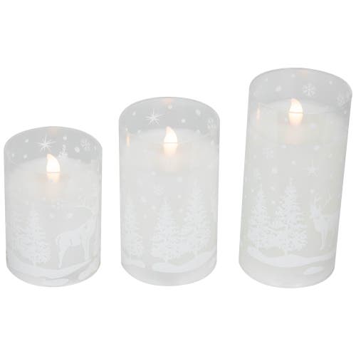 Northlight Led Flameless Flickering Snowy Woodland Glass Christmas Pillar Candles In White