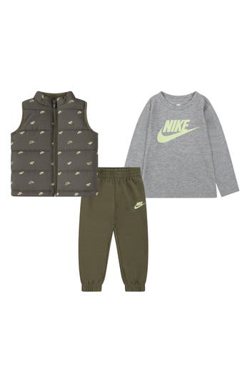 Nike Kids' Futura Puffer Vest, Logo T-shirt & Fleece Joggers Set In Green