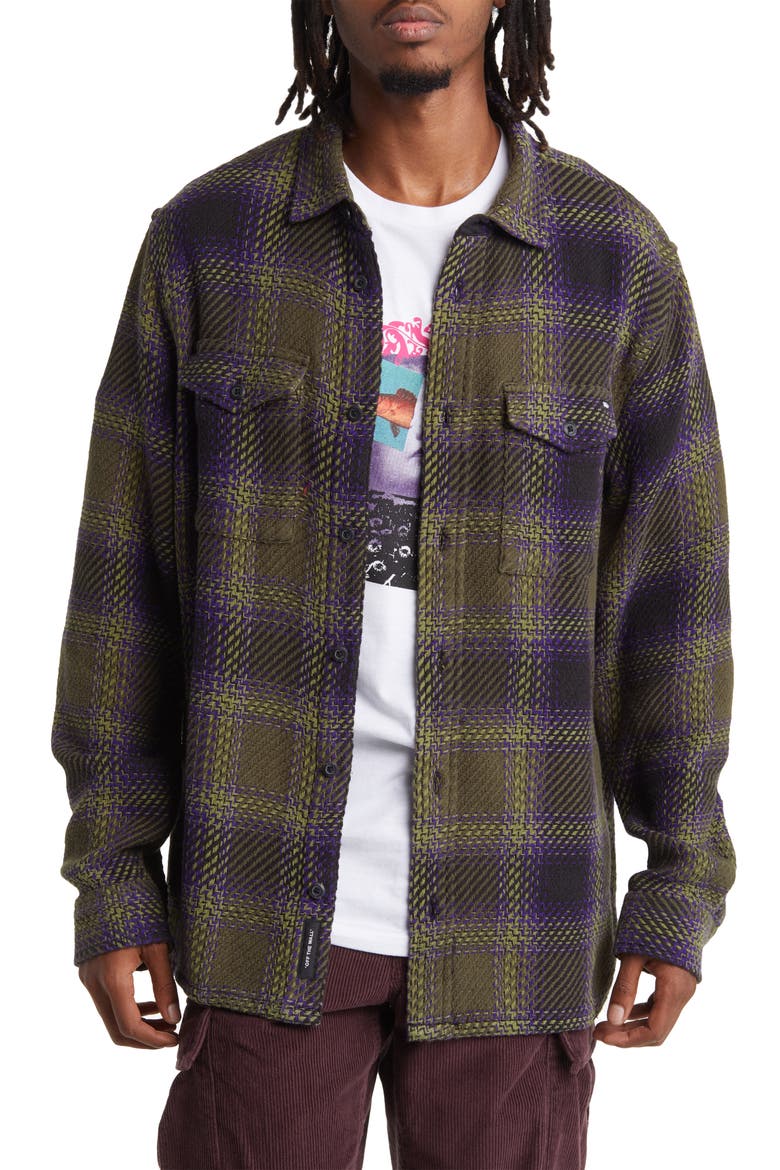 Saviano Plaid Button-Up Overshirt, Main, color, BLACK/ GRAPE LEAF