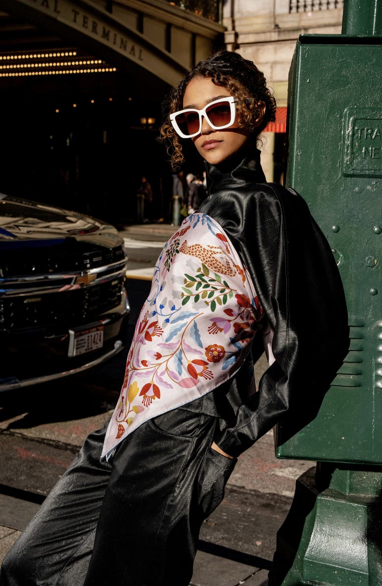 Jessie Zhao New York Double Sided Wool Silk Scarf Of Pink Blossom Jungle, Alternate, color, Pink