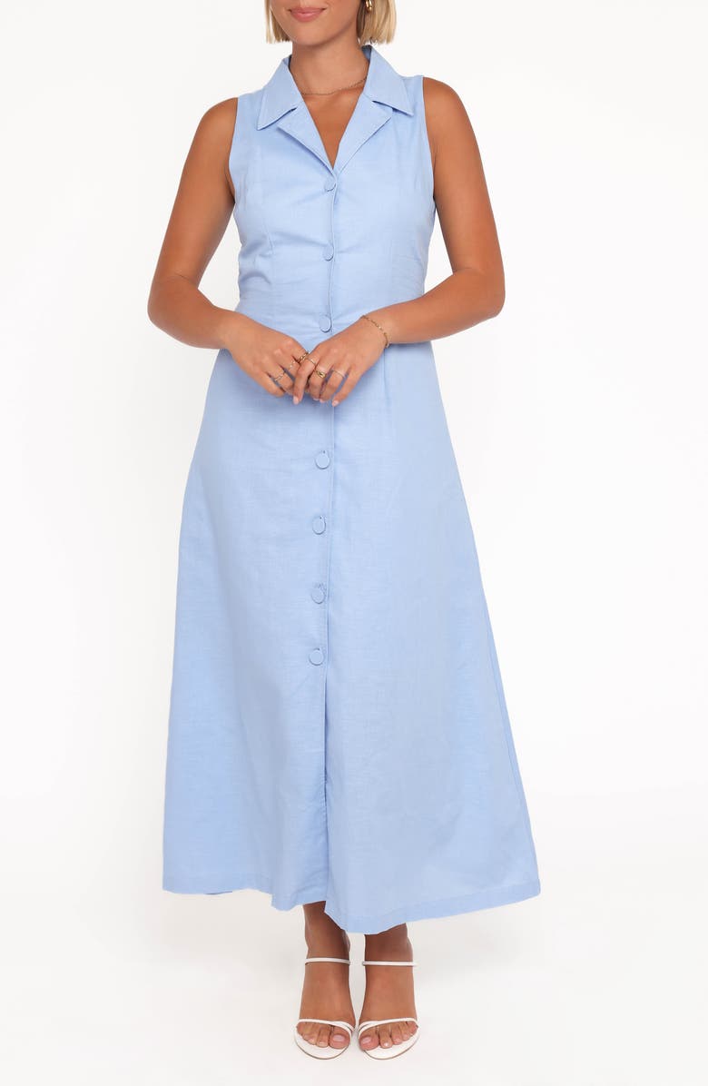 Petal & Pup Galia Sleeveless Cotton & Linen Maxi Shirtdress, Main, color, Blue