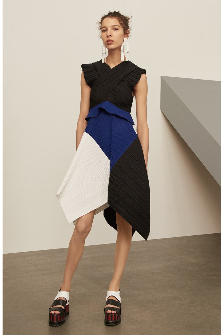 Pleated Crepe Dress, Alternate, color, BLACK/ OPTIC WHITE/ INDIGO