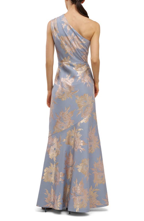 Kay Unger Gianella Floral Metallic Jacquard One-shoulder Gown In Blue