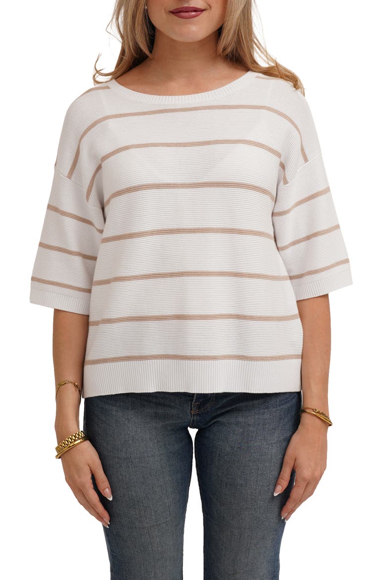 Striped Short Sleeve Sweater, Main, color, WHITE/ OATMEAL COOKIE HEATHER