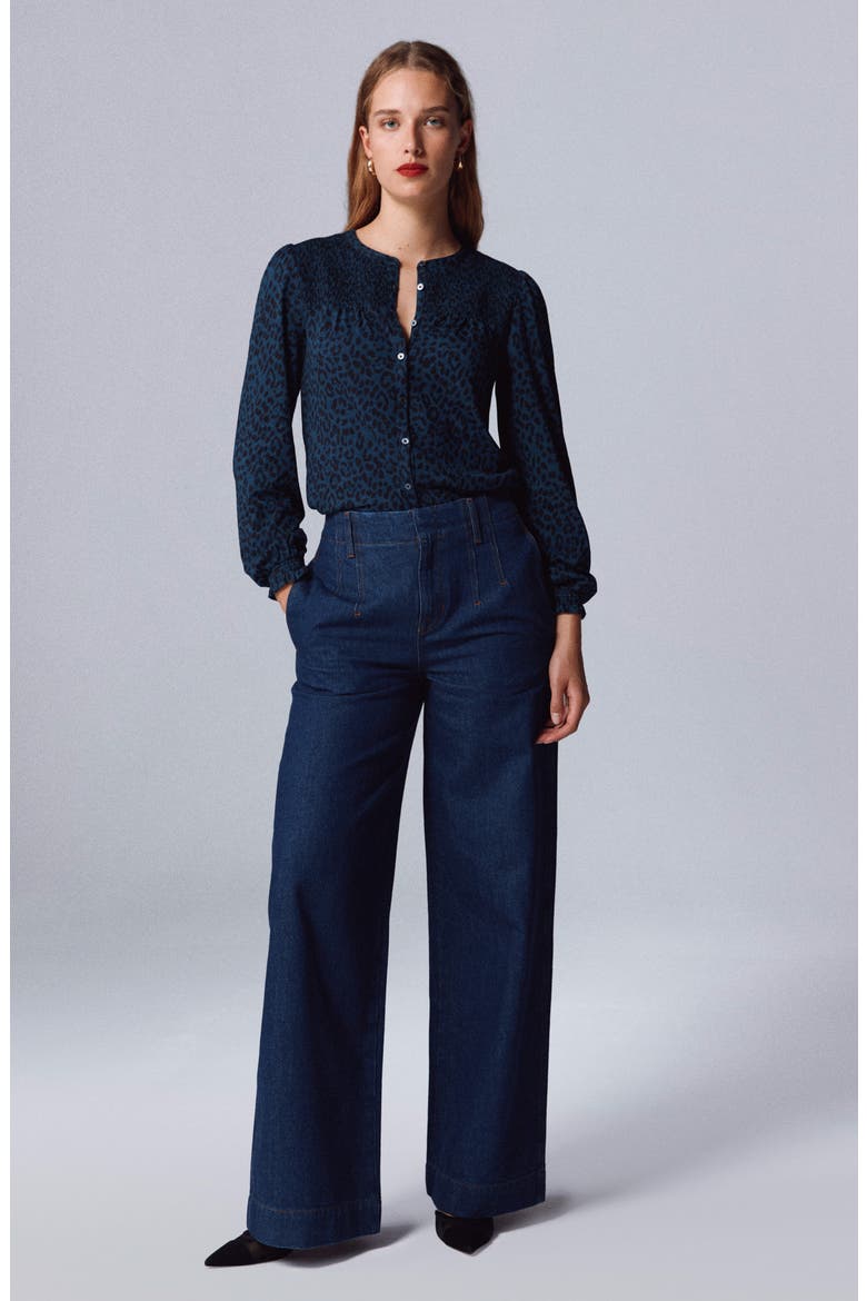 Elsa Animal Spot Smocked Yoke Jersey Button-Up Shirt, Main, color, MIDNIGHT OCEAN BRUSHED ANIMAL