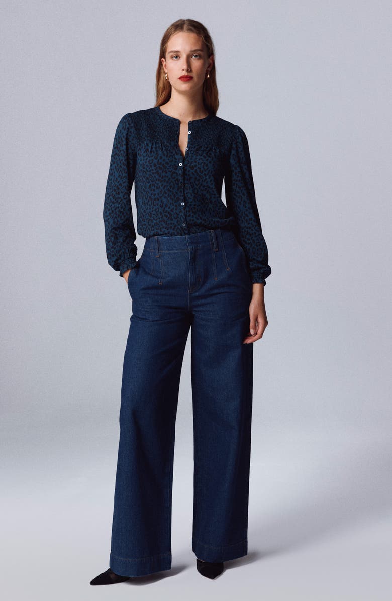 Boden Elsa Animal Spot Smocked Yoke Jersey Button-Up Shirt, Main, color, Midnight Ocean Brushed Animal