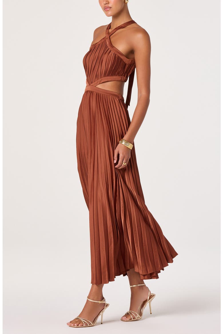 Vera Pleated Cutout Satin Maxi Dress, Alternate, color, RUST