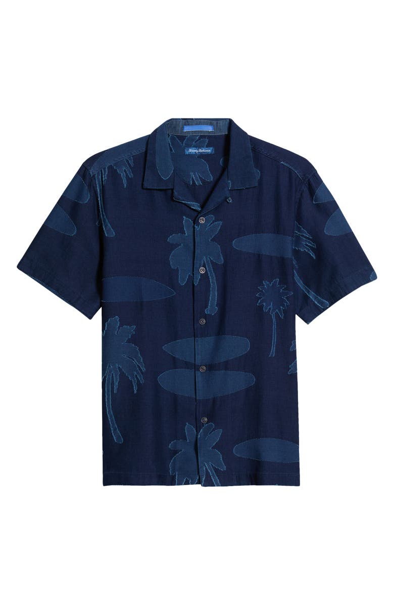 Tommy Bahama Destination Indigo Palm Tree Print Cotton Jacquard Camp Shirt, Alternate, color, Dark Indigo