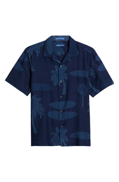 Destination Indigo Palm Tree Print Cotton Jacquard Camp Shirt
