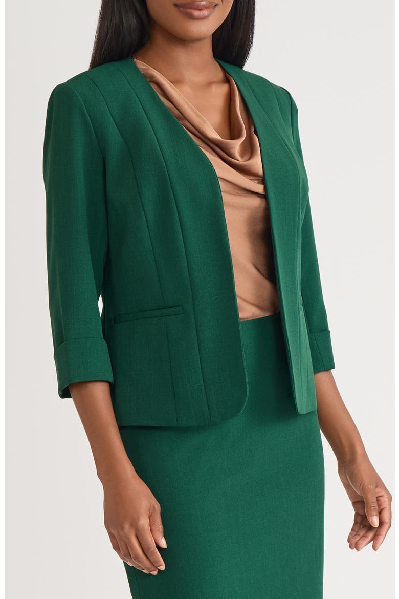 Three-Quarter Sleeve Open Front Seamed Blazer, Alternate, color, EVERGREEN