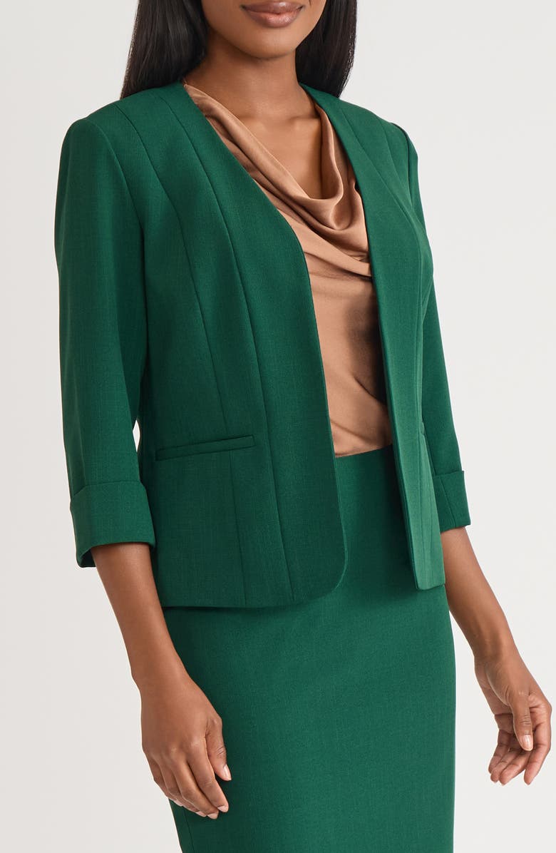 KASPER Three-Quarter Sleeve Open Front Seamed Blazer, Alternate, color, Evergreen