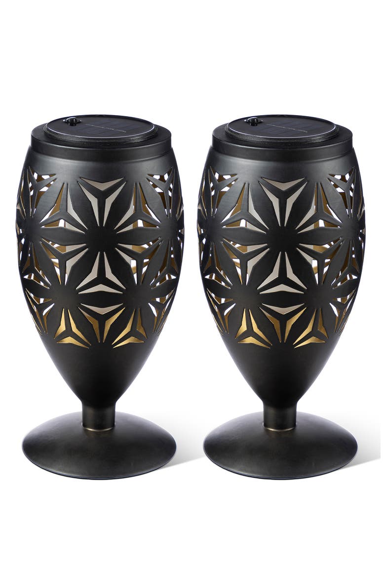 Set of 2 Metal Cutout Geometric Pattern Solar Powered Outdoor Lantern with LED Light, Alternate, color, Black