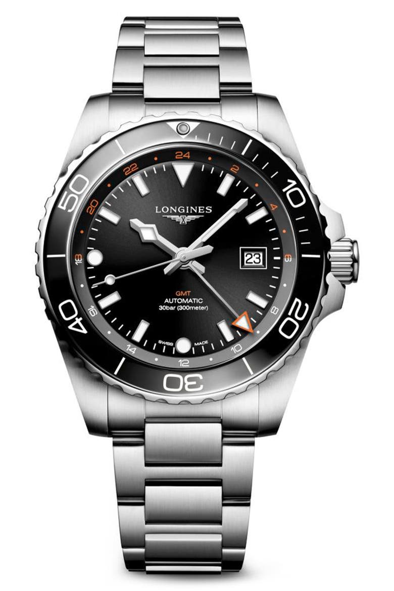 HydroConquest GMT Automatic Bracelet Watch, 43mm, Main, color, BLACK