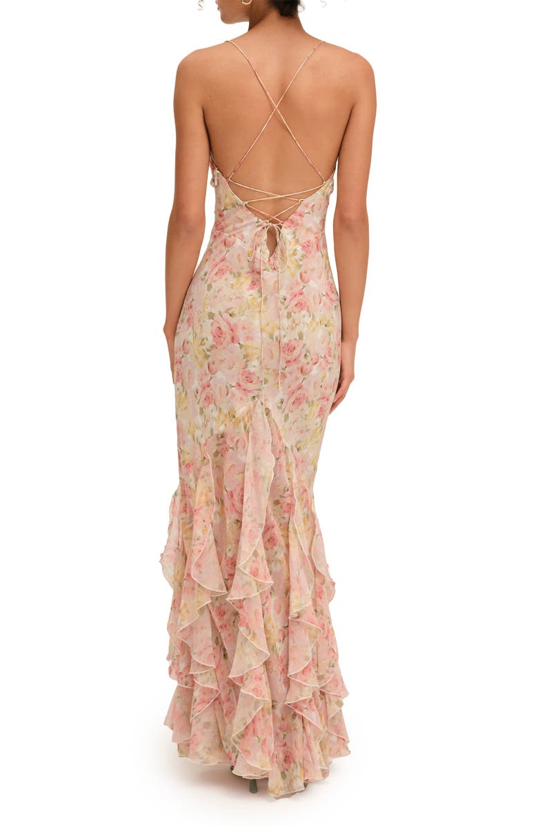 For Love & Lemons Elea Floral Ruffle Open Back Maxi Cocktail Dress, Alternate, color, Peach