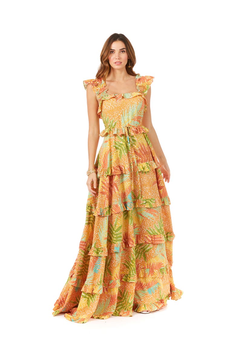 Ruffle Printed Gown with Straps, Main, color, YellowPrint