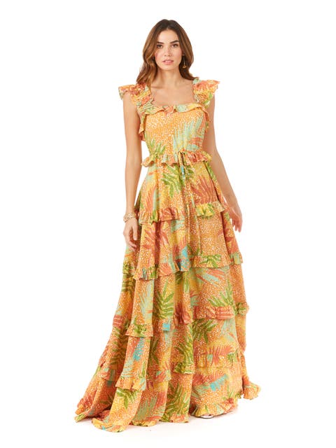 Ruffle Printed Gown with Straps