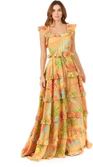LARA New York Ruffle Printed Gown with Straps