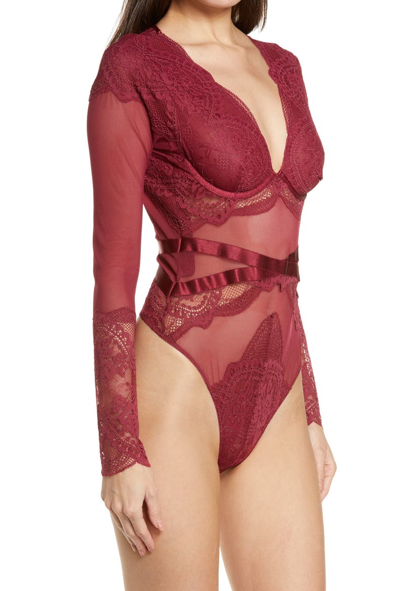 Lana Long Sleeve Lace & Mesh Bodysuit, Alternate, color, RHODODENDRON