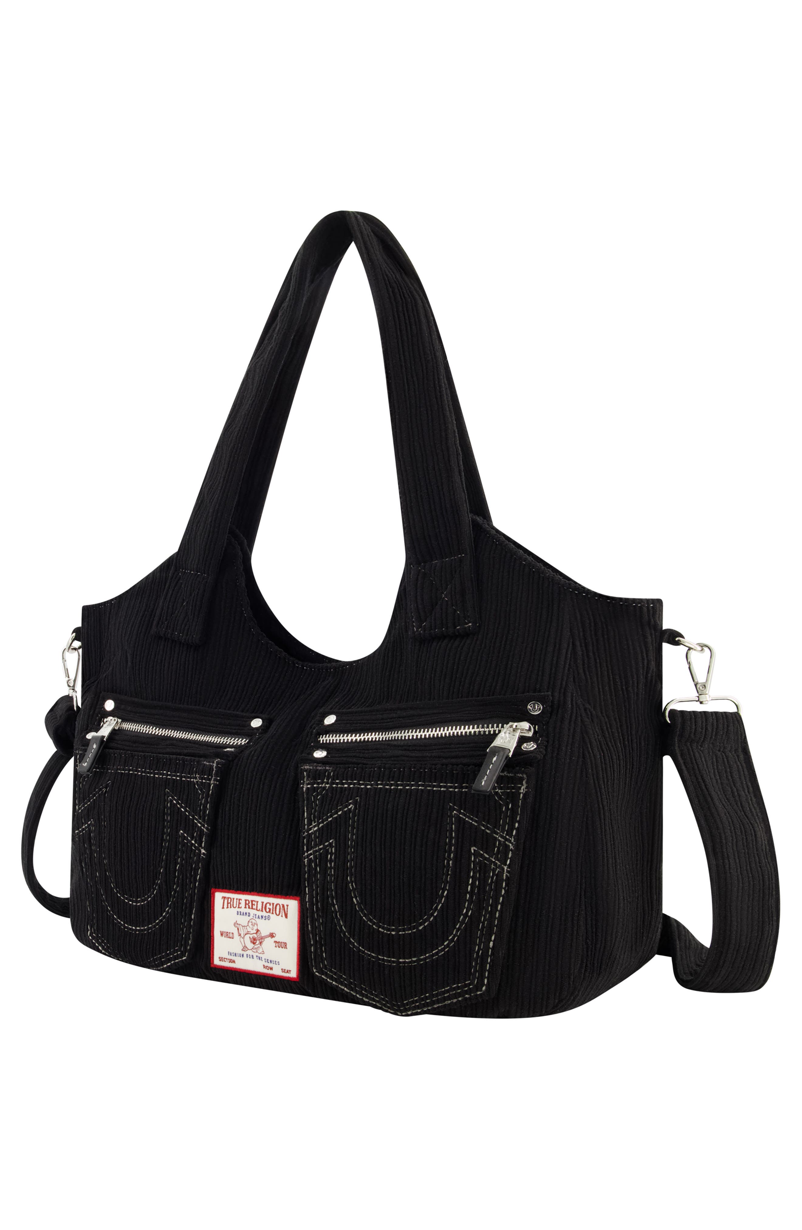 True Religion Horseshoe Stitch Corduroy Satchel, Alternate, color, Black