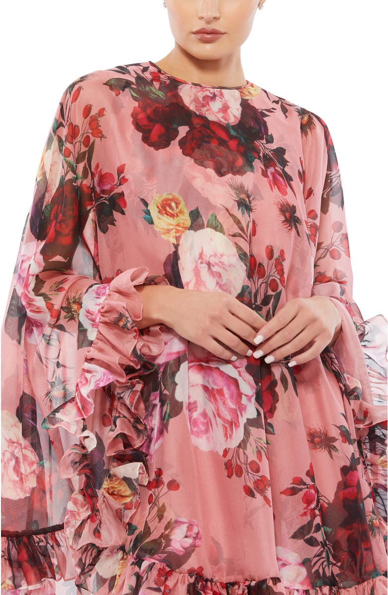Mac Duggal Floral High Neck Mini Dress with Cape Overlay and Ruffle Hem, Alternate, color, Rose Multi