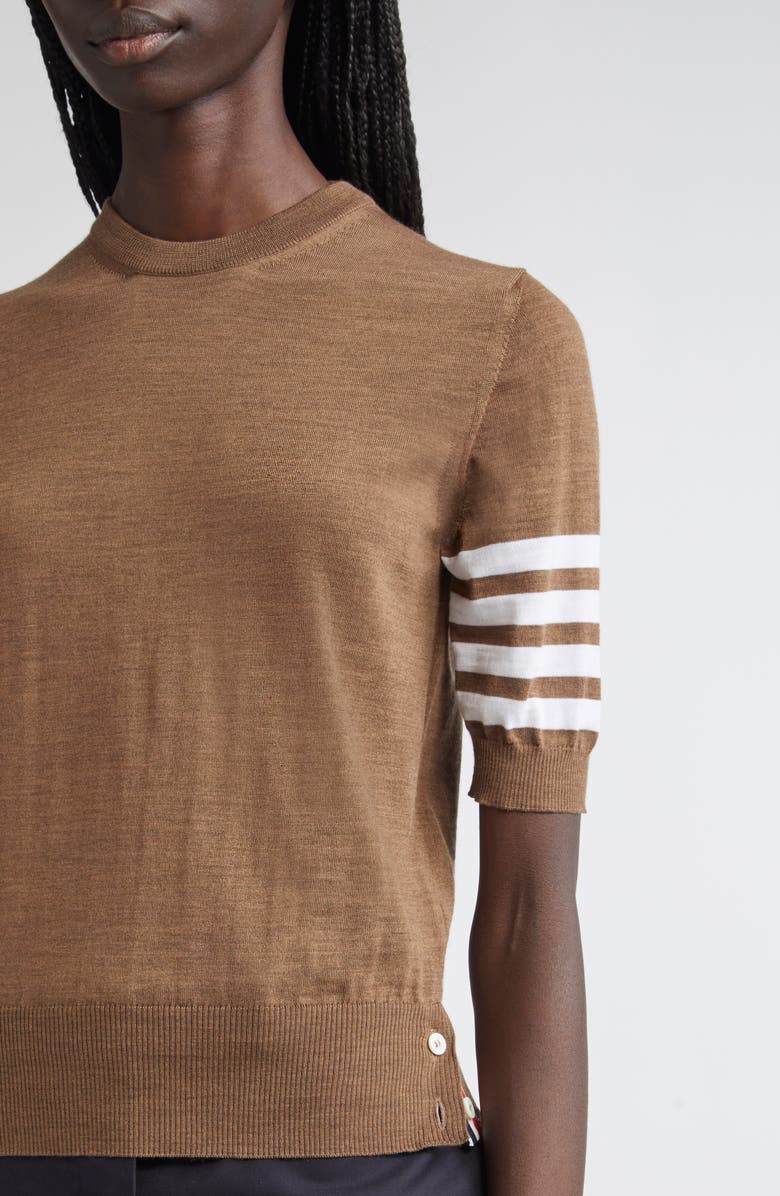 Thom Browne 4-Bar Short Sleeve Wool Blend Sweater, Alternate, color, Walnut