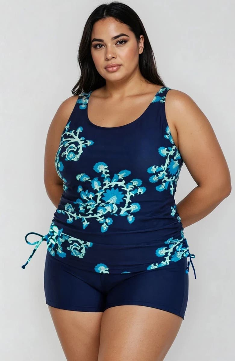 Calypsa Plus Size Maya Tankini Swim Top Removable Cups and Navy Swim Shorts Set, Alternate, color, Barbados Blue