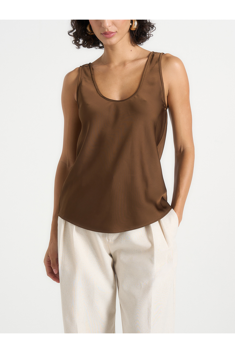 Mathilda Satin Scoop Neck Open Back Tank Top, Main, color, Brown