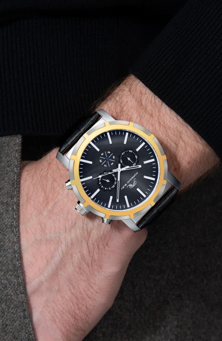 PORSAMO BLEU NYC Chronograph Embossed Leather Strap Watch, 47mm, Alternate, color, Black