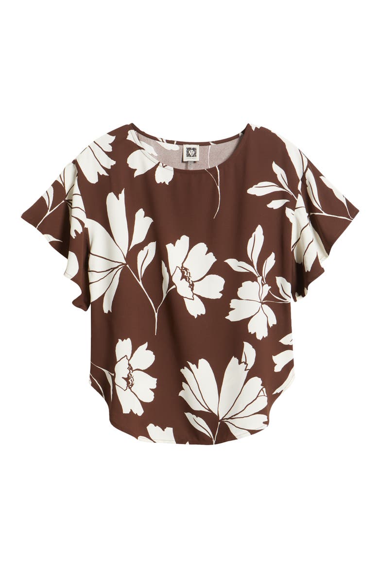 Floral Flutter Sleeve Top, Alternate, color, DARK CHOCLATE/ WHTE