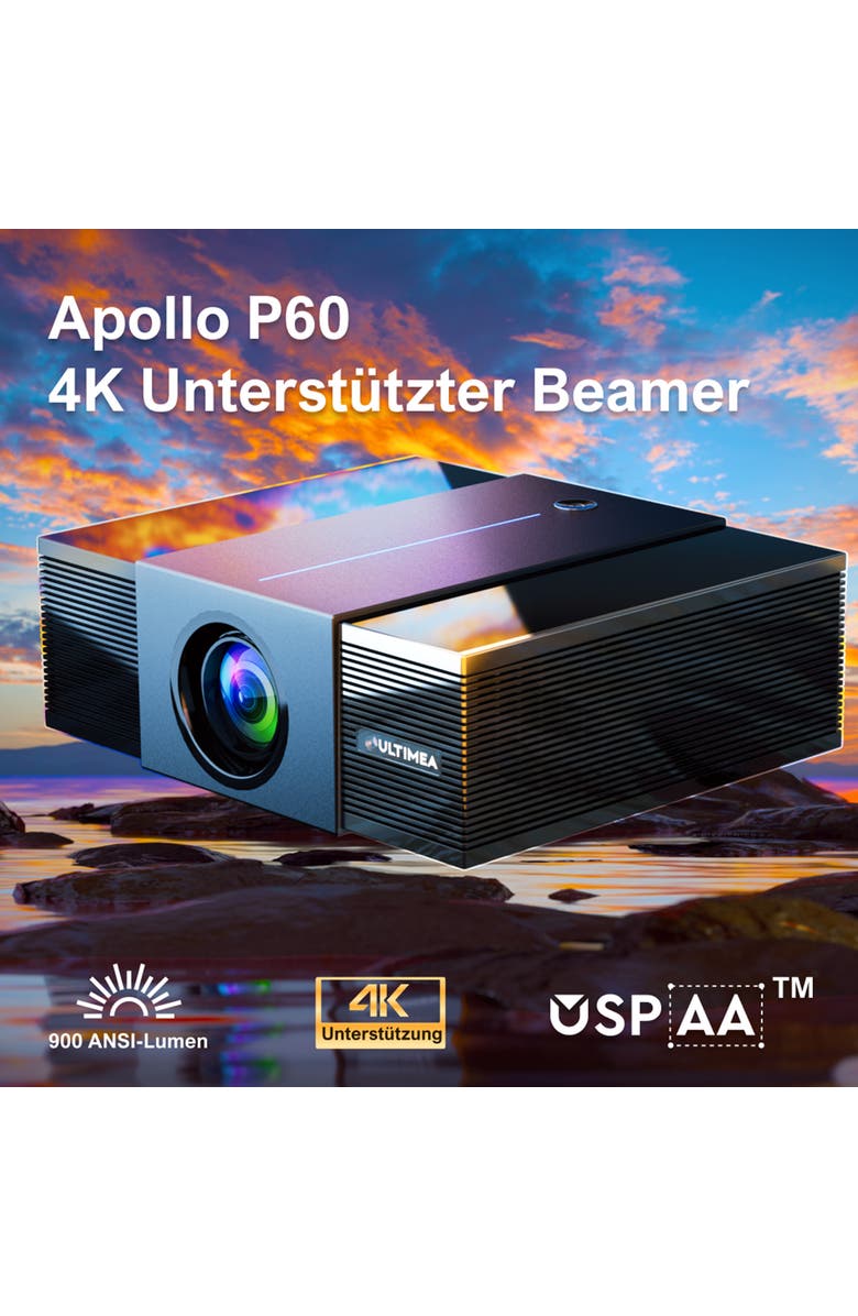 Ultimea Projector 4K decoding 900 ANSI Lumens Obstacle Avoidance 6D Keystone WiFi Apollo P60, Alternate, color, Black