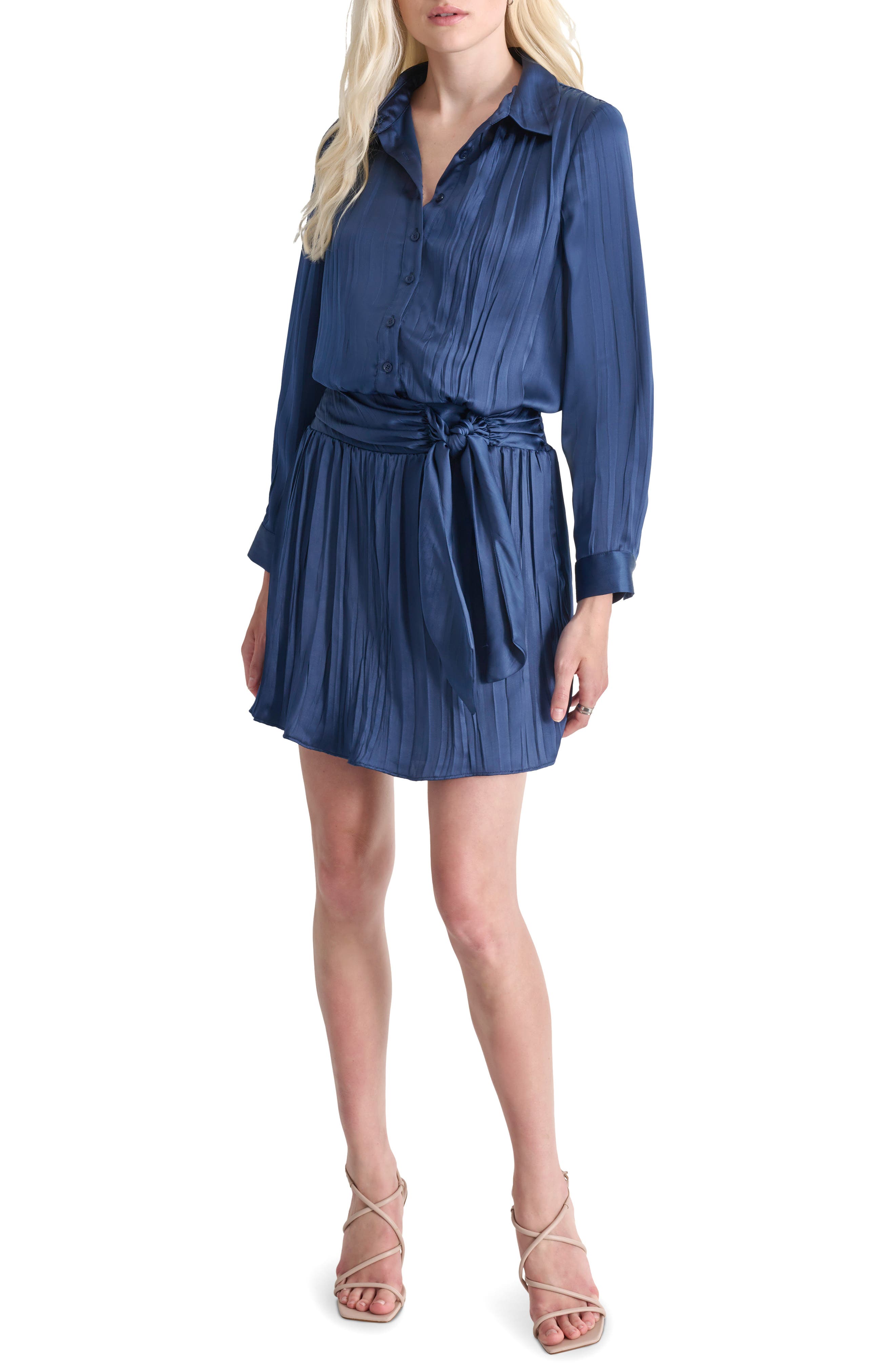 DKNY Pleated Long Sleeve Satin Shirtdress