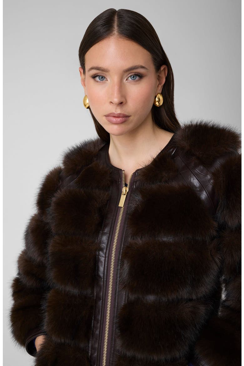 Arielle Faux Fur & Croc Embossed Faux Leather Coat, Alternate, color, A10K-DARK