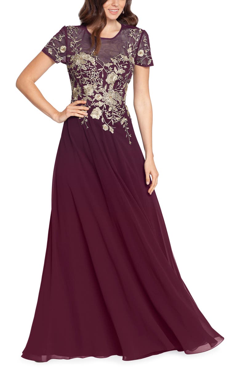 Betsy & Adam Besty & Adam Metallic Floral Fit & Flare Gown, Main, color, Wine/ Gold