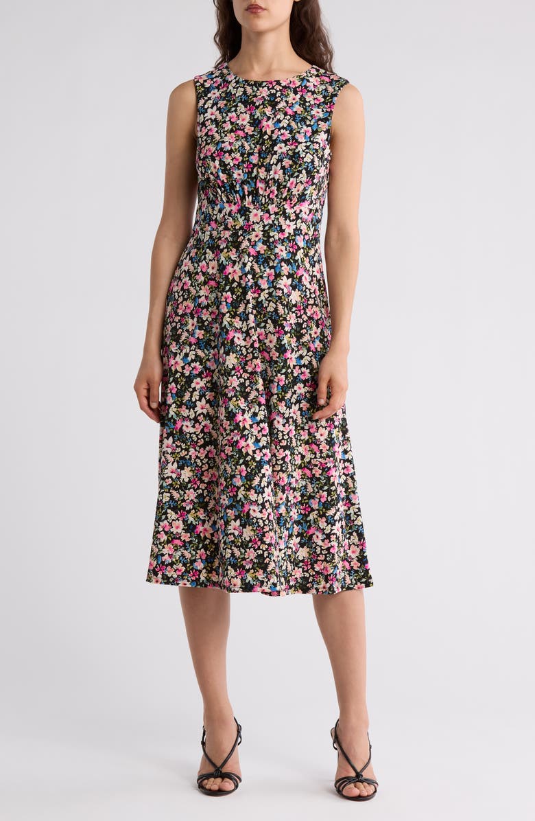 London Times Floral Sleeveless Inset Waist Jersey Midi Dress, Main, color, 