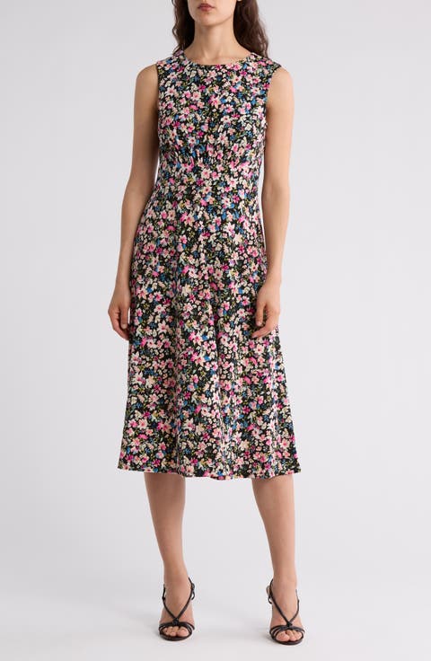 Floral Sleeveless Inset Waist Jersey Midi Dress