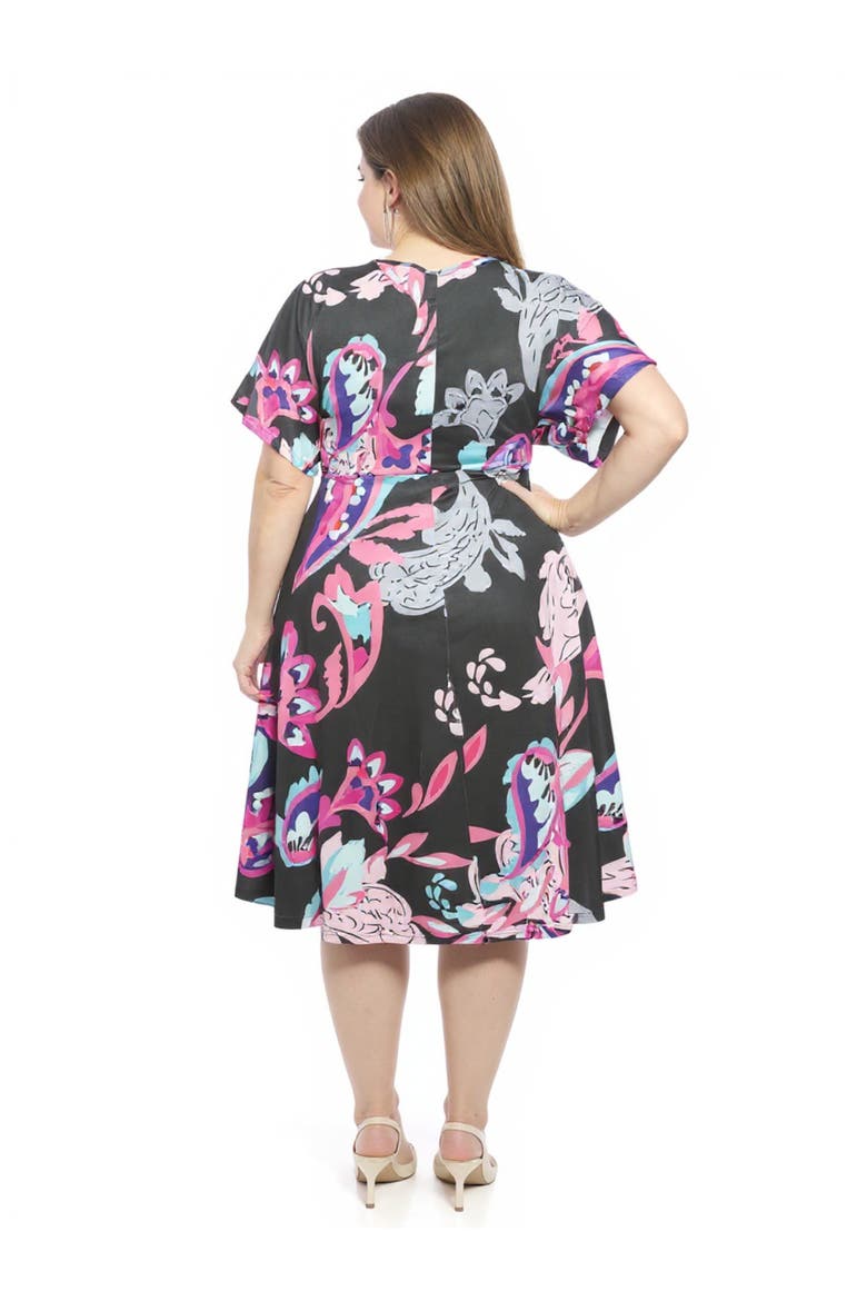 Plus Size Paisley V-Neck Dolman Sleeve Twist Front A-Line Midi Dress, Alternate, color, Black Multi
