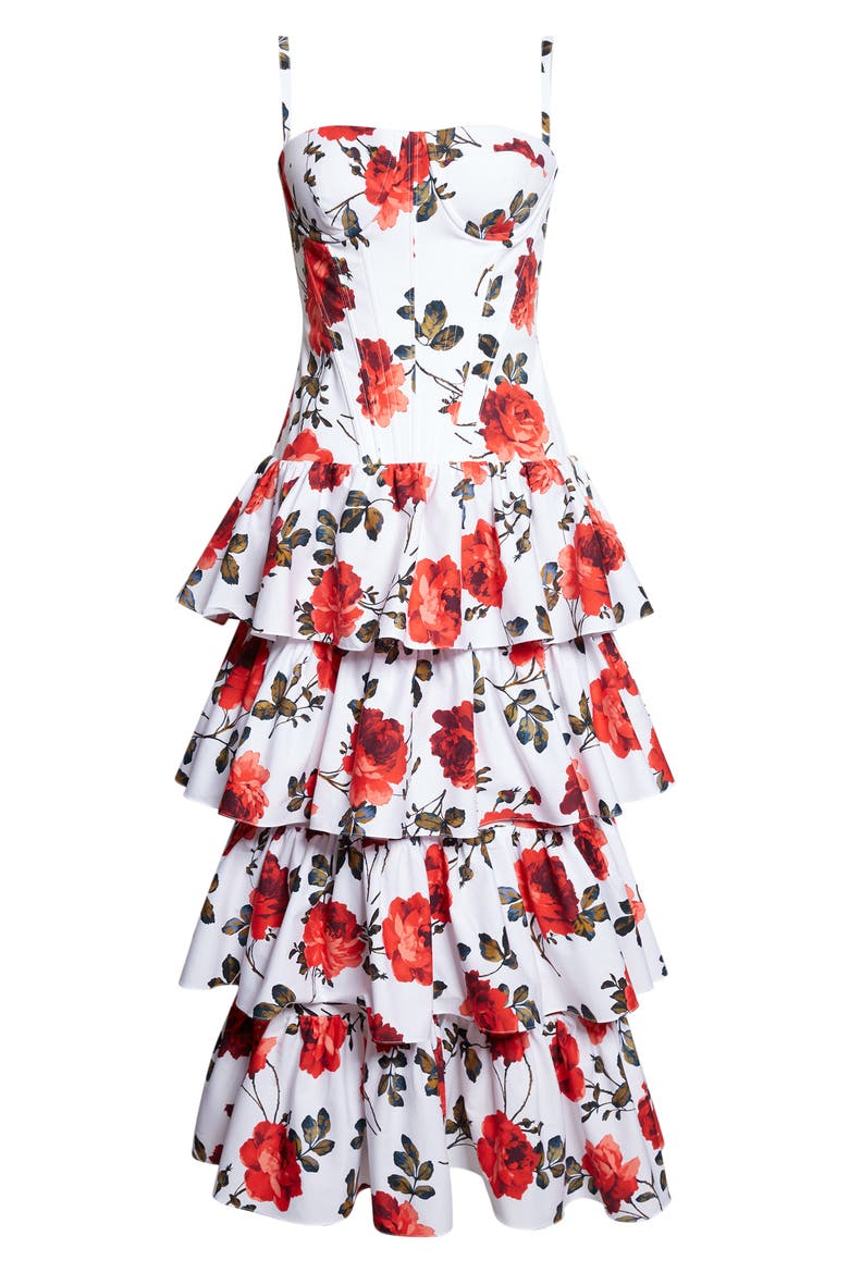 Rose Print Tiered Ruffle Convertible Stretch Cotton Poplin Dress, Alternate, color, WHITE MULTI