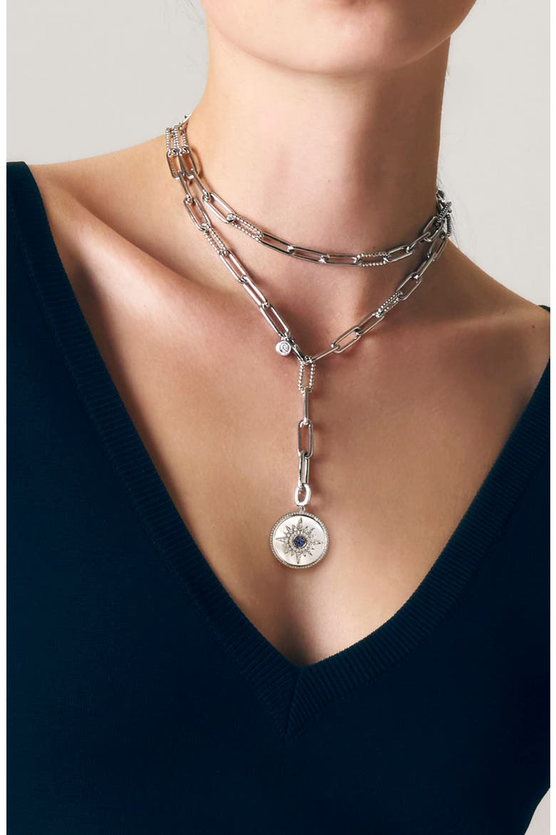 Blue & White Sapphire Medallion Pendant Charm, Alternate, color, STERLING SILVER