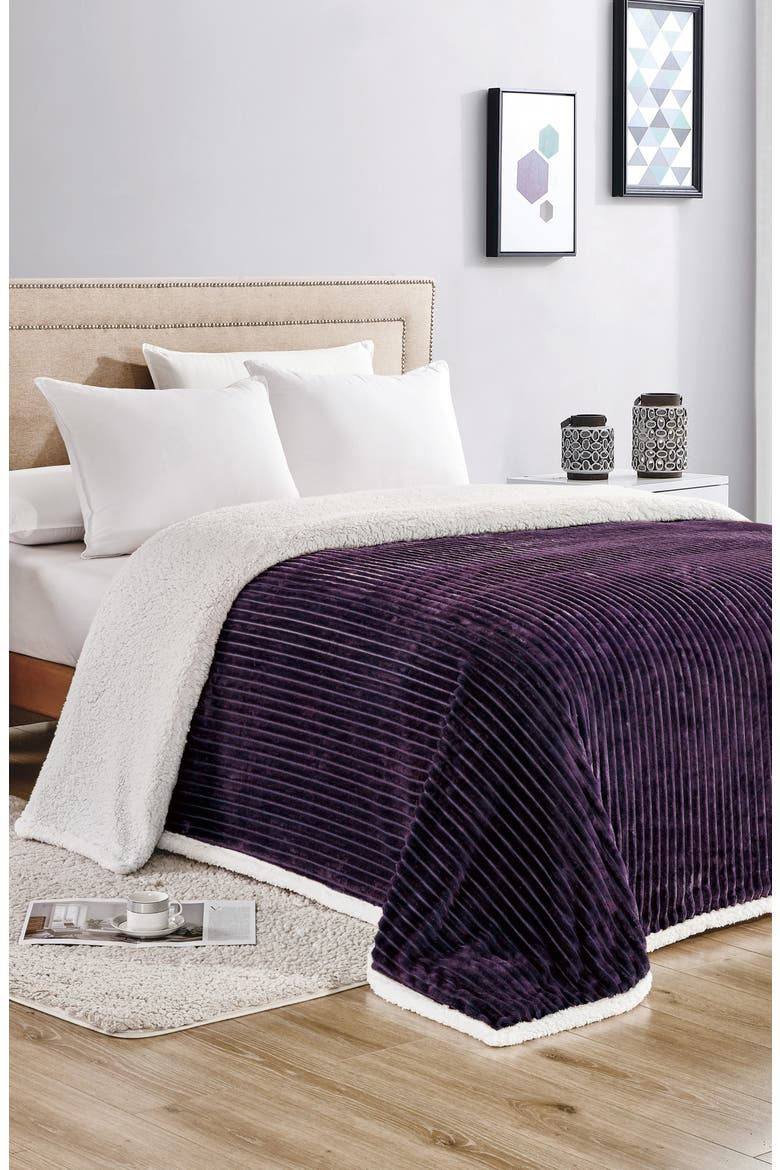 Oversized Corduroy Faux Shearling Reversible Throw Blanket, Alternate, color, PLUM