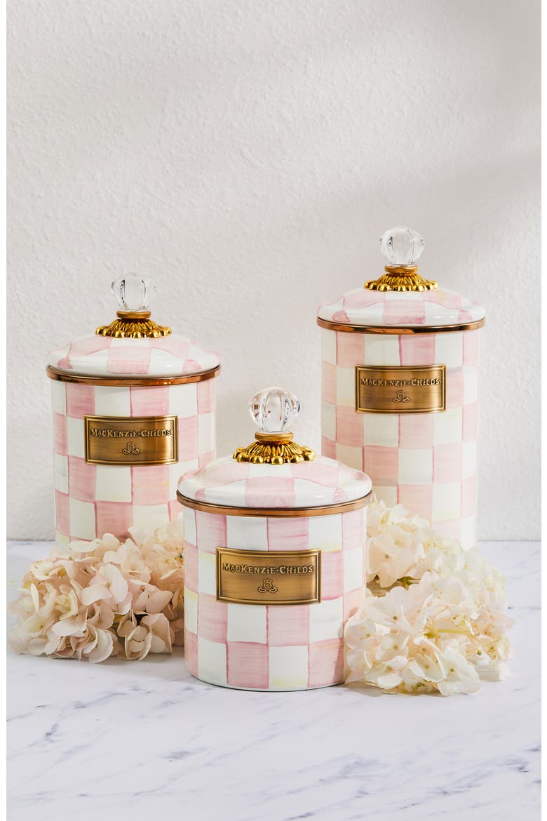 Rosy Check Enameled Steel Small Canister, Alternate, color, PINK/ WHITE