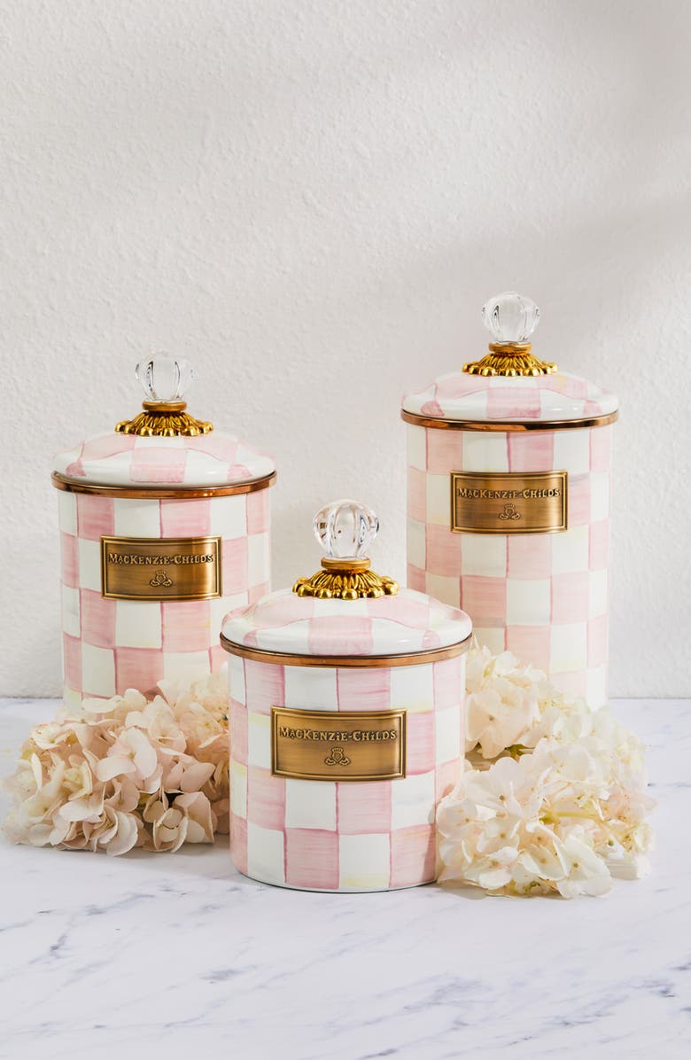MACKENZIE CHILDS Rosy Check Enameled Steel Small Canister, Alternate, color, Pink/ White