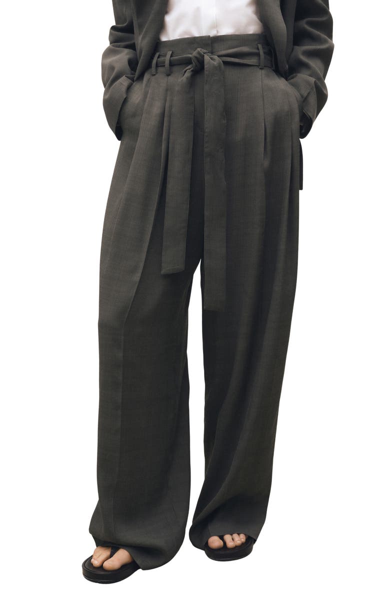 MANGO Tie Belt Pleat Front Wide Leg Pants, Main, color,