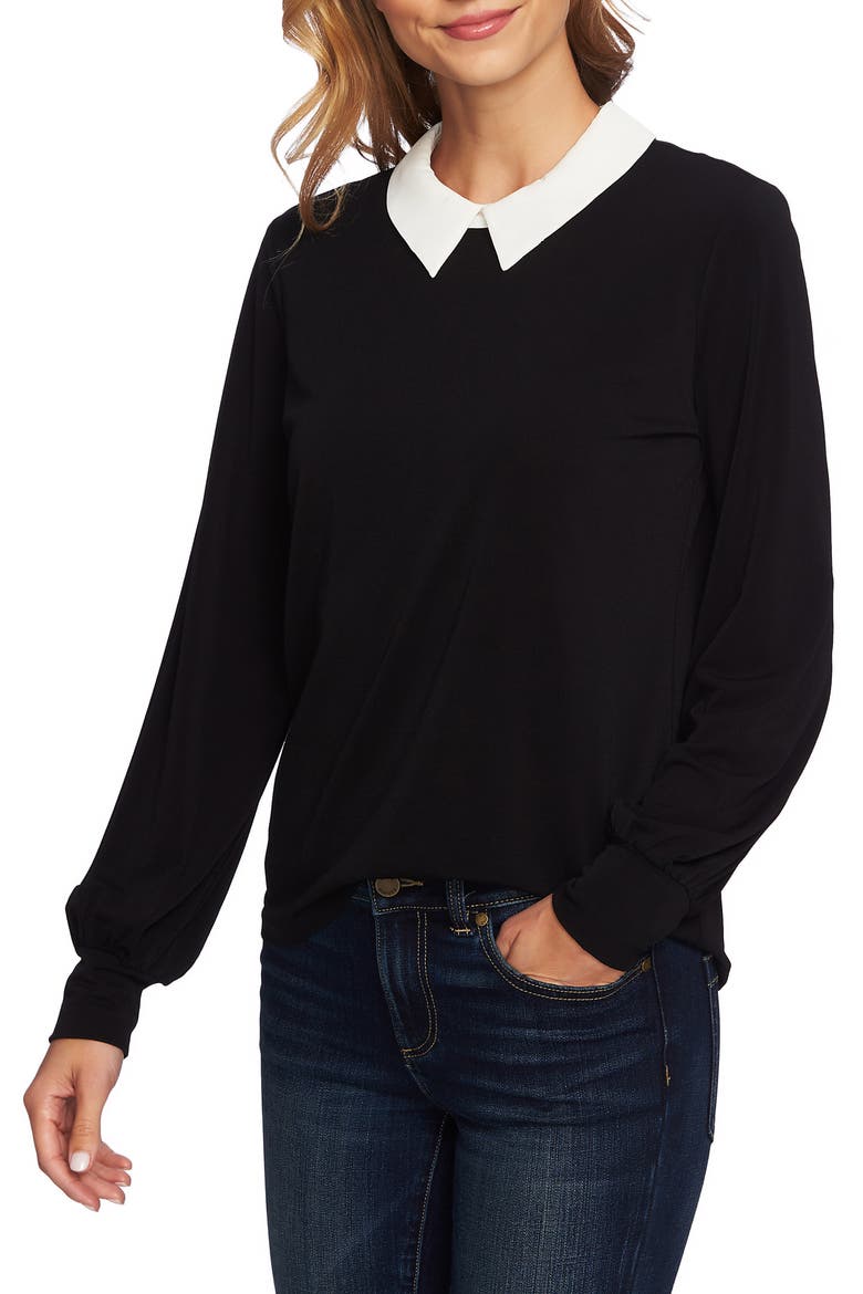 Mixed Media Collar Top, Alternate, color, RICH BLACK