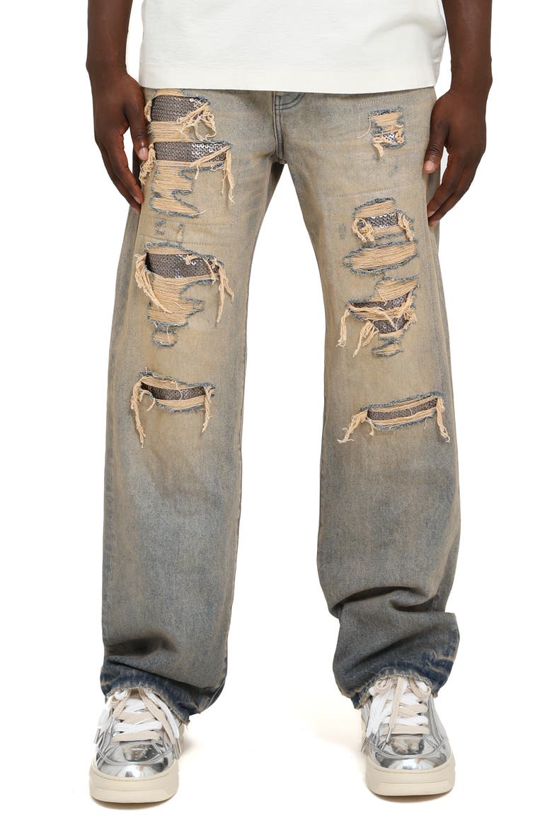 Tinted Sequin Ripped & Repaired Straight Leg Jeans, Main, color, LIGHT INDIGO