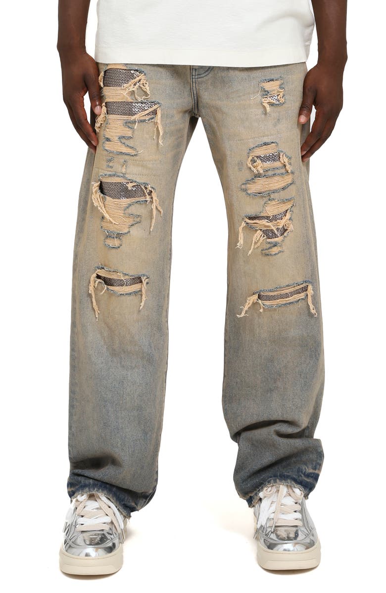 PURPLE BRAND Tinted Sequin Ripped & Repaired Straight Leg Jeans, Main, color, Light Indigo